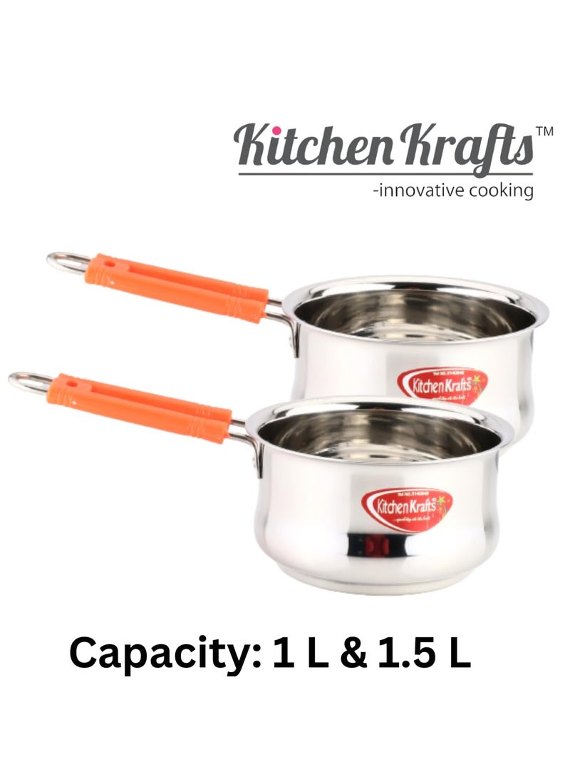 Kitchen Krafts Stainless Steel 2pcs Belly Saucepan with Handle 16 18cm 1000 1500 ml