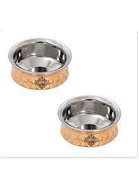Indian Art Villa Diamond Hammered Design Steel Copper Handi for Serving Dishes Tableware 250 ML Set of 2