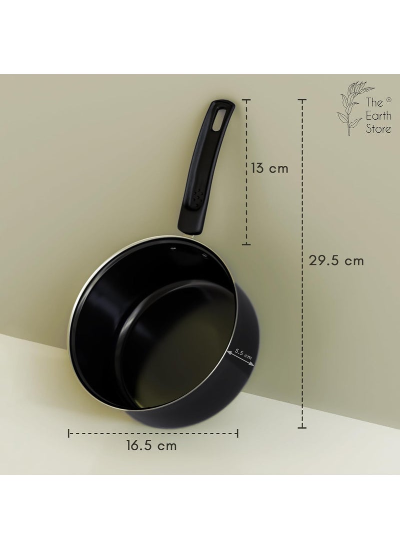EcoLuxe Saucepan Set of 3 for Tea Milk Coffee Chai Pan Induction Base and Gas T Pan patilaTeaMilk Boiling Pot Vessel Sospan with Bakelite Handle 950 1200 1600 ML Capacity 16cm 17cm Black