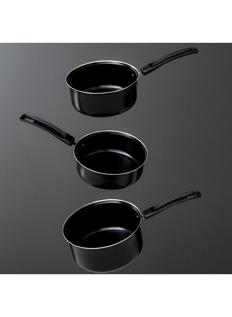 EcoLuxe Saucepan Set of 3 for Tea Milk Coffee Chai Pan Induction Base and Gas T Pan patilaTeaMilk Boiling Pot Vessel Sospan with Bakelite Handle 950 1200 1600 ML Capacity 16cm 17cm Black