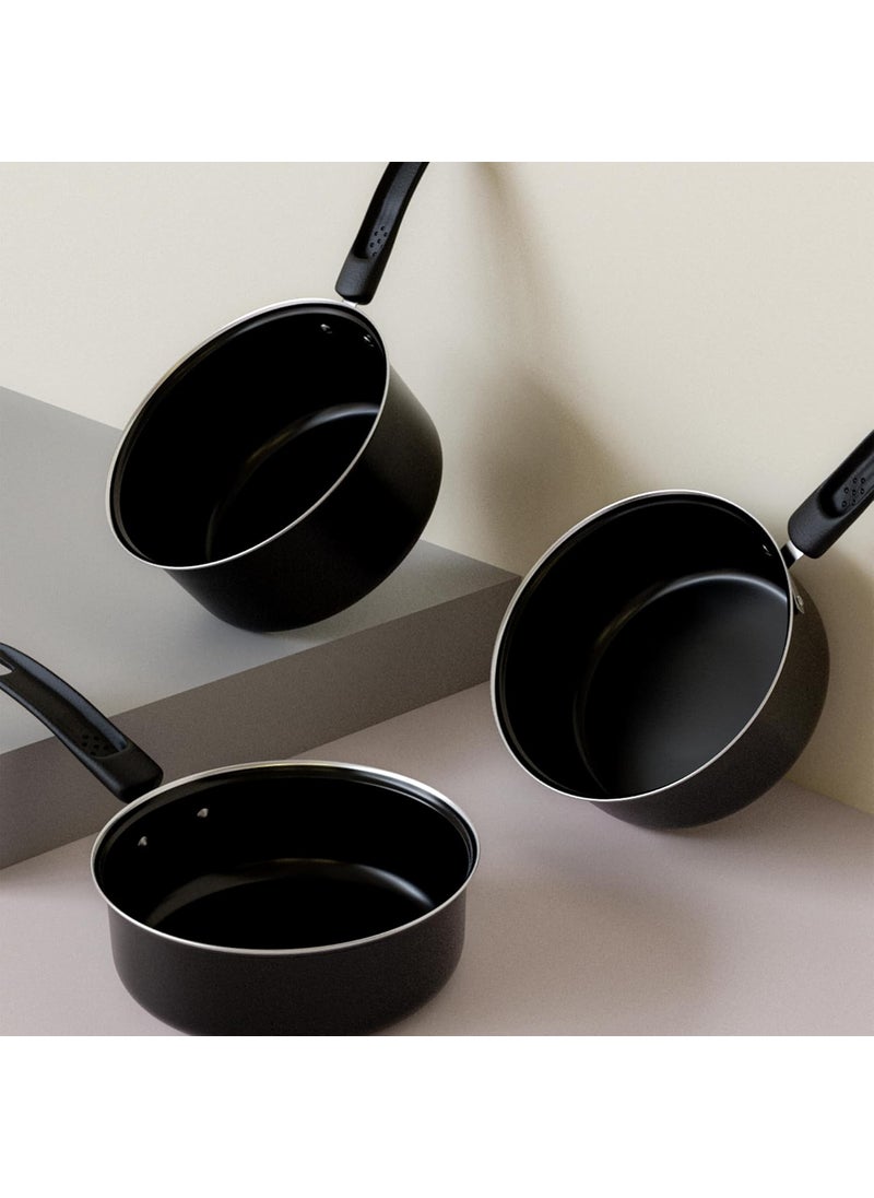 EcoLuxe Saucepan Set of 3 for Tea Milk Coffee Chai Pan Induction Base and Gas T Pan patilaTeaMilk Boiling Pot Vessel Sospan with Bakelite Handle 950 1200 1600 ML Capacity 16cm 17cm Black