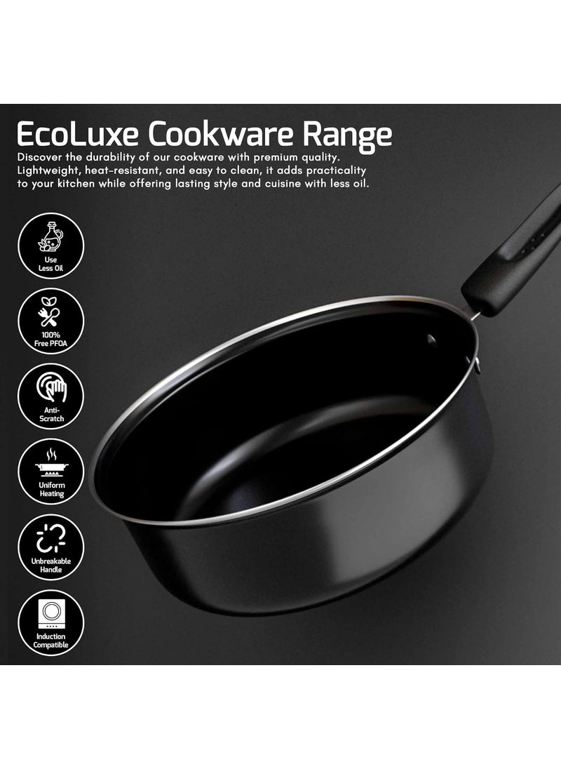 EcoLuxe Saucepan Set of 3 for Tea Milk Coffee Chai Pan Induction Base and Gas T Pan patilaTeaMilk Boiling Pot Vessel Sospan with Bakelite Handle 950 1200 1600 ML Capacity 16cm 17cm Black