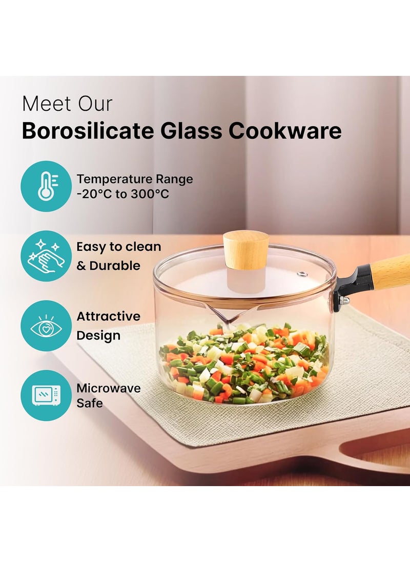 The Better Home Zeno Borosilicate Glass Cookware for Gas Stove 22 L Saucepan with Handle Lid Small MilkTea Pan Boiling Pan Patila for Cooking Gift for Housewarming Clear
