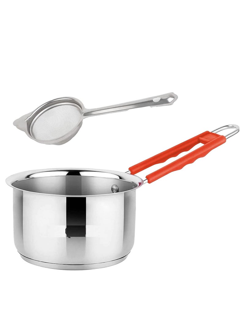 IDEAL PRIME Heavy Gauge Stainlesss Steel Saucepan Induction Bottom Tea Strainer Combo Durable Steel Milk Pan Team Pan Patila Tapeli Chai Channi Cookware Pack of 2