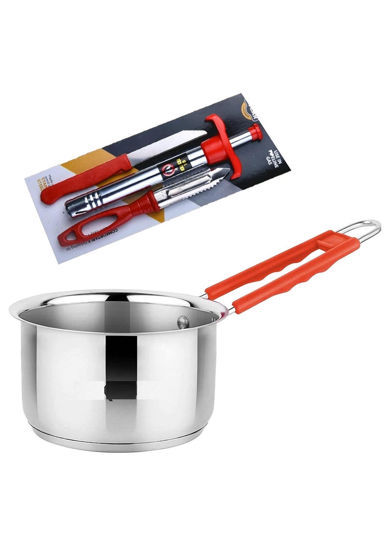 IDEAL Prime Durable Stainless Steel Saucepan 1 Liter Induction Bottom Ggas Ligher Combo Steel Milk Tea Pan Tapeli Donga Gas Torch Lighter Kitchen Tool Pack of 2