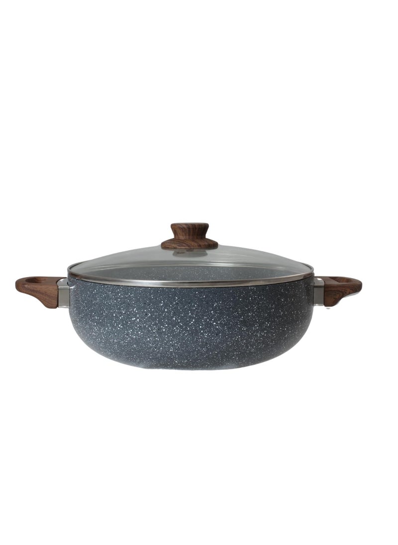 Get Plumm Sauce Pot Cookware with Handle Granite Stone Kadhai with Lid Induction Base Biryani Pot Glass lid Cool Touch Bakelite Handle Cooking Handi Pot 28cmGrey