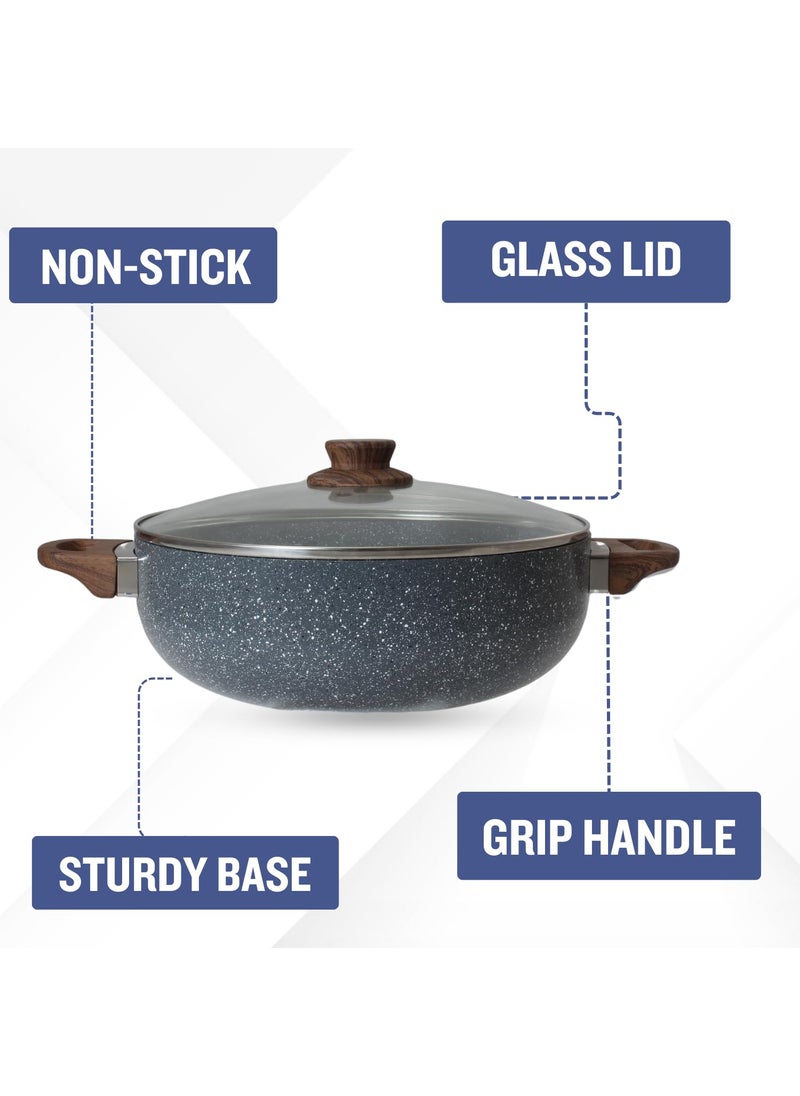 Get Plumm Sauce Pot Cookware with Handle Granite Stone Kadhai with Lid Induction Base Biryani Pot Glass lid Cool Touch Bakelite Handle Cooking Handi Pot 28cmGrey