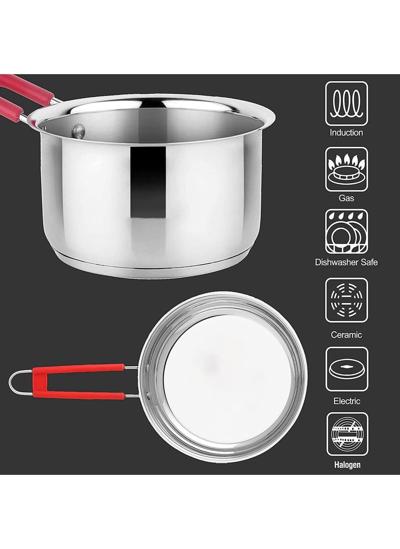 IDEAL PRIME Heavy Guage Stainless Steel Saucepan 1 Liter Induction Bottom with Tea Strainer and Lemon Sqeezer Steel Tapeli MilkTea Pan Chai Channi Lemon Press Kitchen Tool Pack of 3