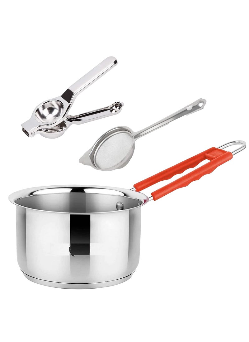 IDEAL PRIME Heavy Guage Stainless Steel Saucepan 1 Liter Induction Bottom with Tea Strainer and Lemon Sqeezer Steel Tapeli MilkTea Pan Chai Channi Lemon Press Kitchen Tool Pack of 3