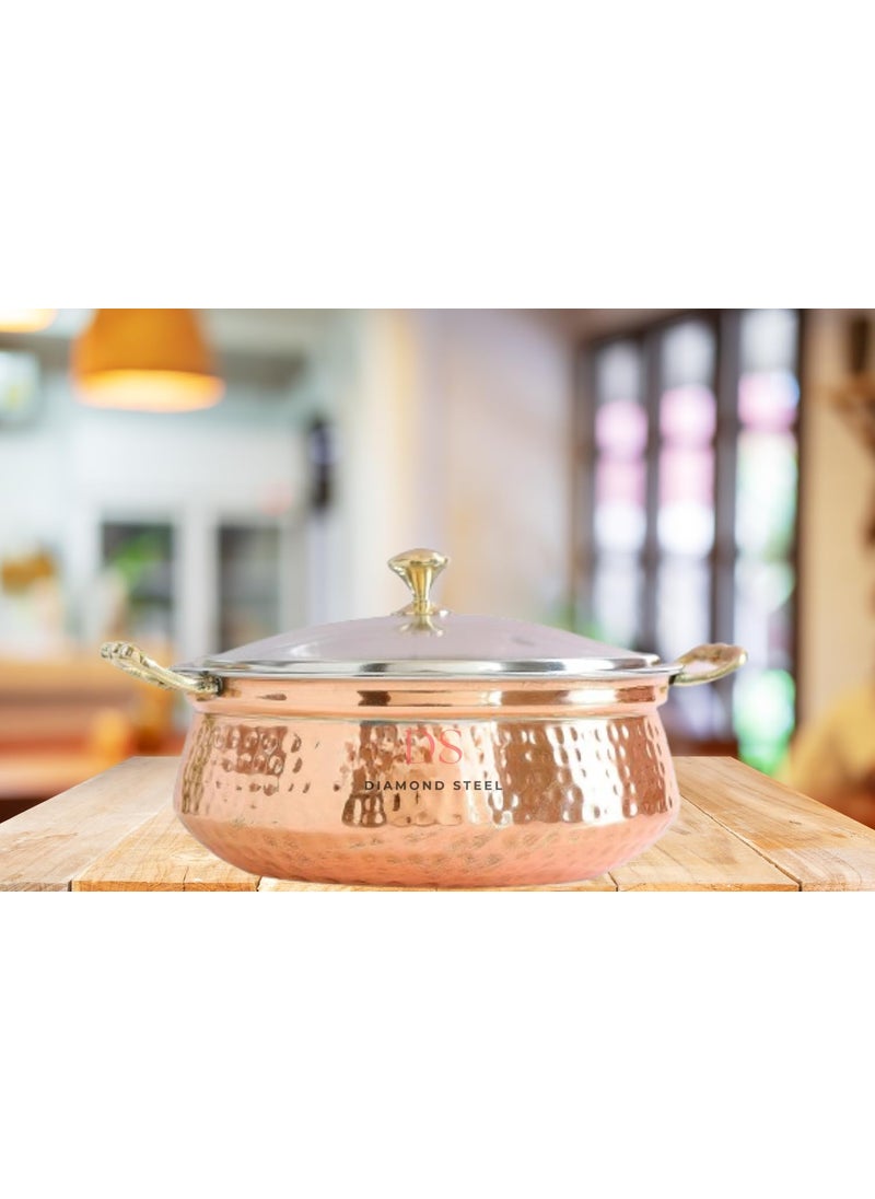 Diamond Steel CopperTamba Handi for Cooking Lagan for Cooking Copper Hammered Design Handi with Glass Lid Copper Handi with Lid Handi with Glass Lid and Brass Knob Pack of 1 Size 2200 ml