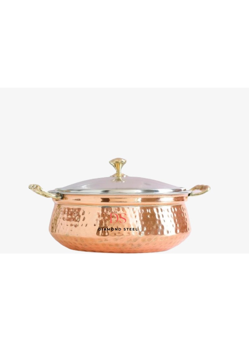 Diamond Steel CopperTamba Handi for Cooking Lagan for Cooking Copper Hammered Design Handi with Glass Lid Copper Handi with Lid Handi with Glass Lid and Brass Knob Pack of 1 Size 2200 ml