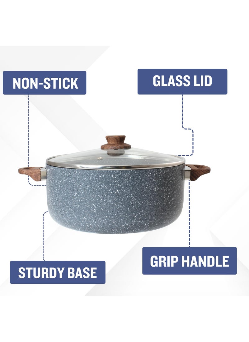 Get Plumm Sauce Pot Cookware with Handle Granite Stone Kadhai with Lid Induction Base Biryani Pot Glass lid Cool Touch Wooden Handle Cooking Handi Pot Grey