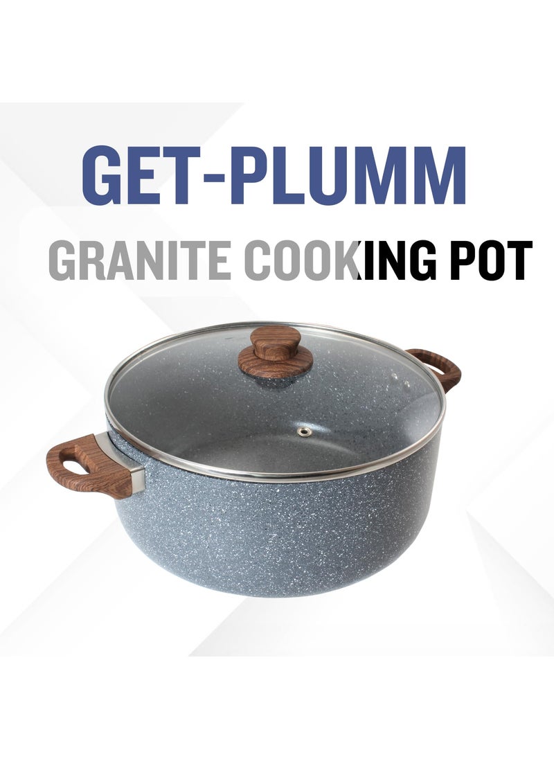 Get Plumm Sauce Pot Cookware with Handle Granite Stone Kadhai with Lid Induction Base Biryani Pot Glass lid Cool Touch Wooden Handle Cooking Handi Pot Grey