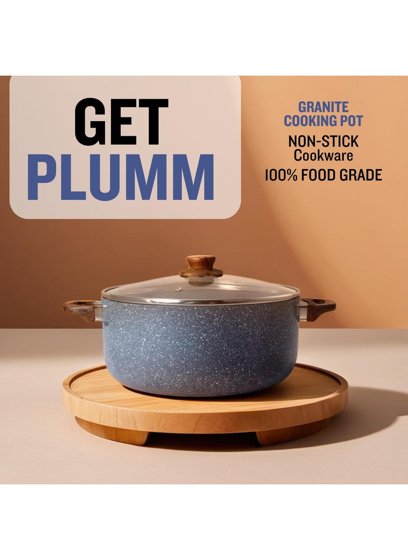 Get Plumm Sauce Pot Cookware with Handle Granite Stone Kadhai with Lid Induction Base Biryani Pot Glass lid Cool Touch Wooden Handle Cooking Handi Pot Grey
