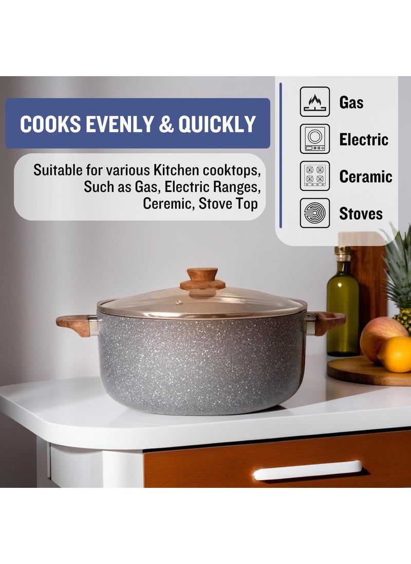 Get Plumm Sauce Pot Cookware with Handle Granite Stone Kadhai with Lid Induction Base Biryani Pot Glass lid Cool Touch Wooden Handle Cooking Handi Pot Grey