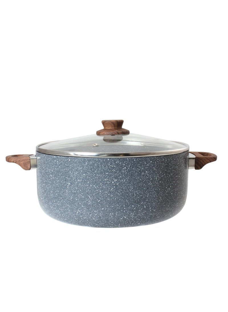 Get Plumm Sauce Pot Cookware with Handle Granite Stone Kadhai with Lid Induction Base Biryani Pot Glass lid Cool Touch Wooden Handle Cooking Handi Pot Grey