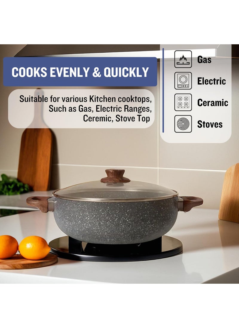 Get Plumm Sauce Pot Cookware with Handle Granite Stone Kadhai with Lid Induction Base Biryani Pot Glass lid Cool Touch Bakelite Handle Cooking Handi Pot 26cmGrey