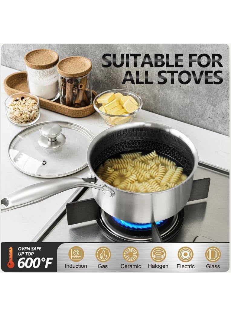 Gladnes Stainless Steel Saucepan with Glass Lid Non Stick Sauce Pan with Honeycomb Carving Induction Sauce Pot Compatible with All Cooktops Dishwasher Oven Safe NonToxic Steel Sauce Pan 22cm