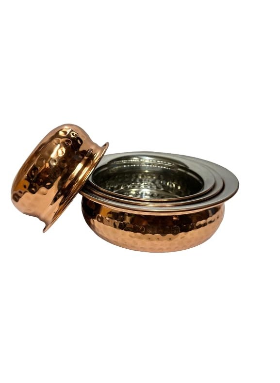 Dynore Stainless Steel Copper Plated Hammered Finish Handi Set with SS lid Set of 4 for Serving Cooking