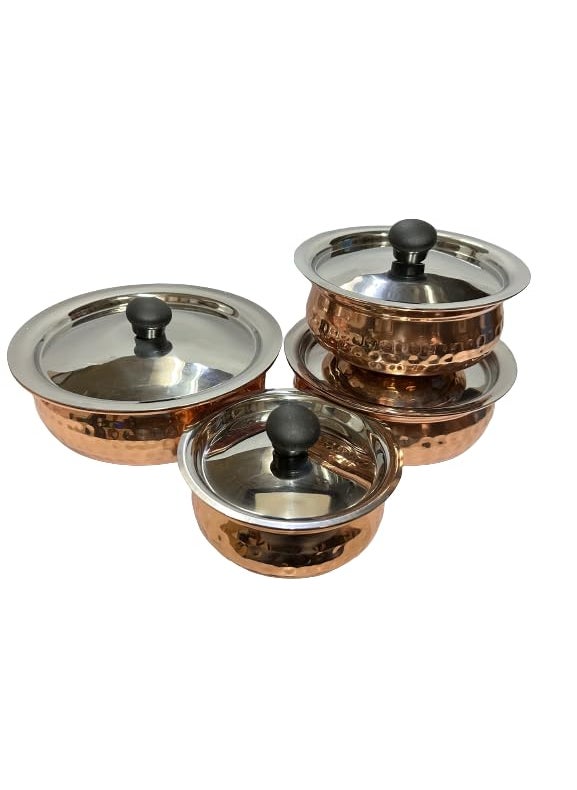 Dynore Stainless Steel Copper Plated Hammered Finish Handi Set with SS lid Set of 4 for Serving Cooking
