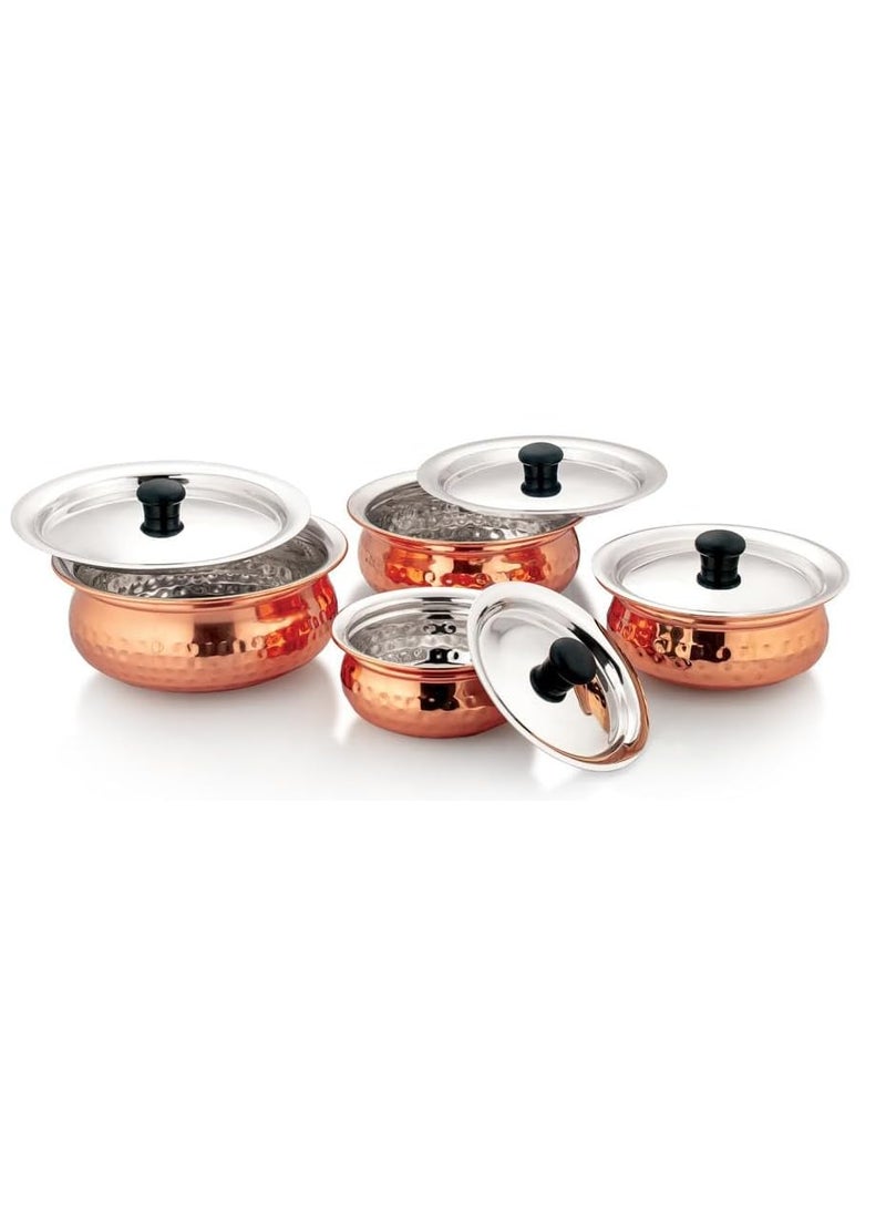 Dynore Stainless Steel Copper Plated Hammered Finish Handi Set with SS lid Set of 4 for Serving Cooking