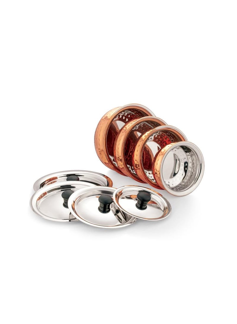 Dynore Stainless Steel Copper Plated Hammered Finish Handi Set with SS lid Set of 4 for Serving Cooking