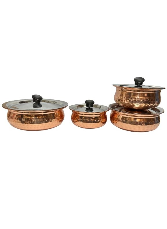 Dynore Stainless Steel Copper Plated Hammered Finish Handi Set with SS lid Set of 4 for Serving Cooking