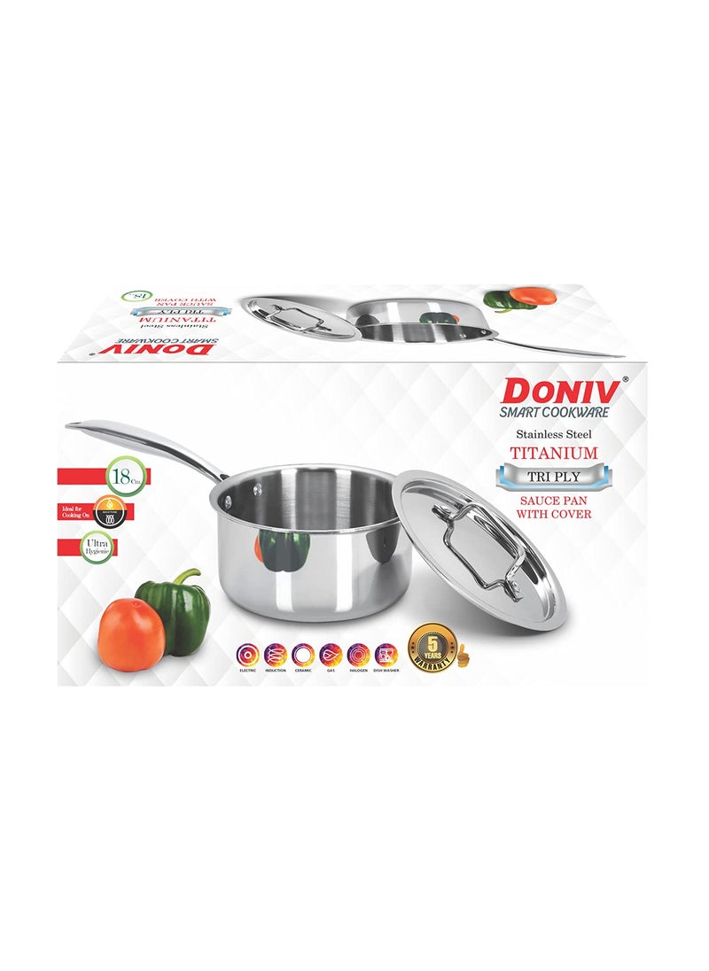 DONIV Titanium Triply Stainless Steel Sauce Pan with Lid 14 cm Diameter 1 Liter Capacity Induction Friendly Steel Casted Handles Ideal for Cooking Sauces Gravies Boiling Simmering Pack of 1