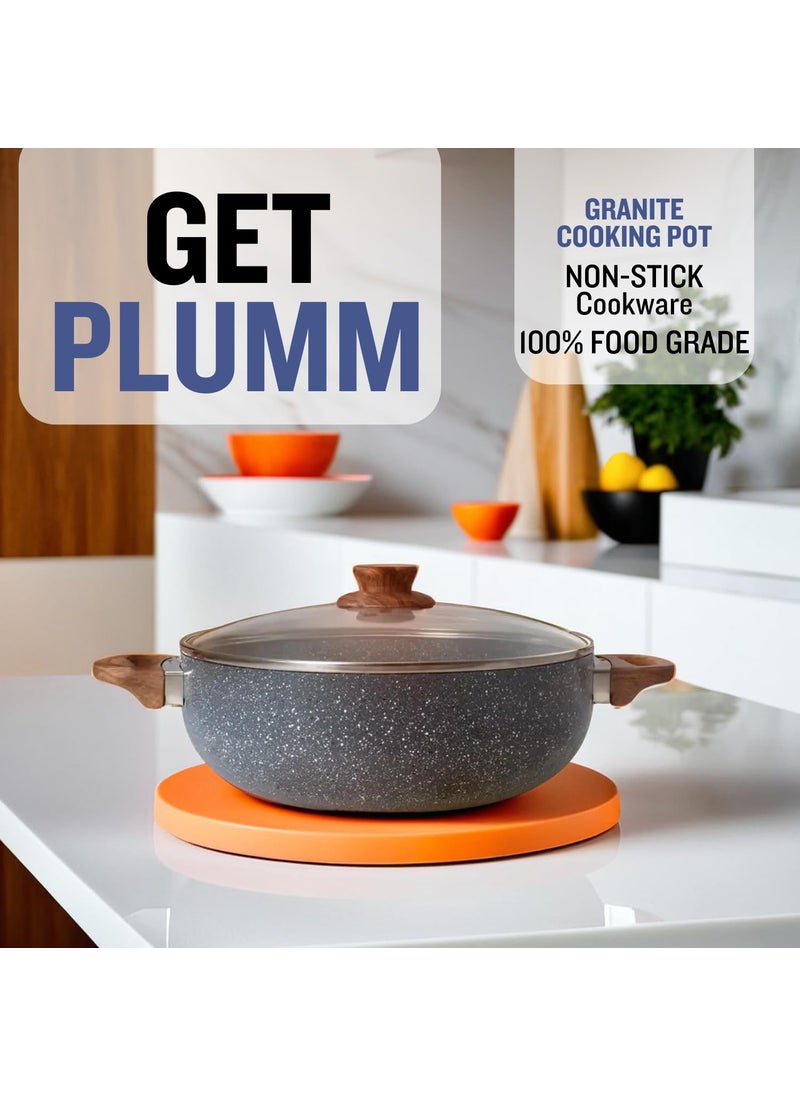 Get Plumm Sauce Pot Cookware with Handle Granite Stone Kadhai with Lid Induction Base Biryani Pot Glass lid Cool Touch Bakelite Handle Cooking Handi Pot 26cmGray 1 Year Warranty