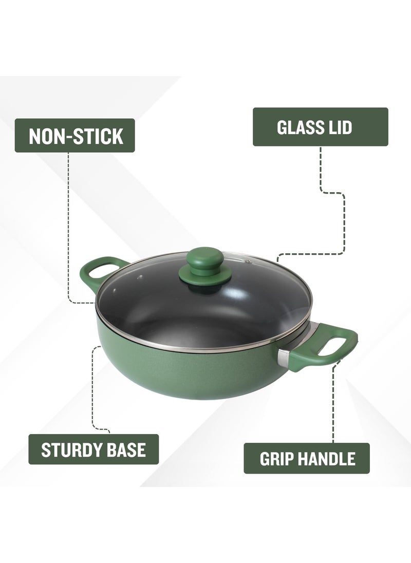 Get Plumm Sauce Pot Cookware with Handle Induction Base Biryani Pot Glass lid Granite Stone Kadhai with Lid Cool Touch Wooden Handle Cooking Handi Pot Green