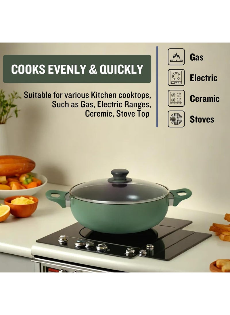 Get Plumm Sauce Pot Cookware with Handle Induction Base Biryani Pot Glass lid Granite Stone Kadhai with Lid Cool Touch Wooden Handle Cooking Handi Pot Green