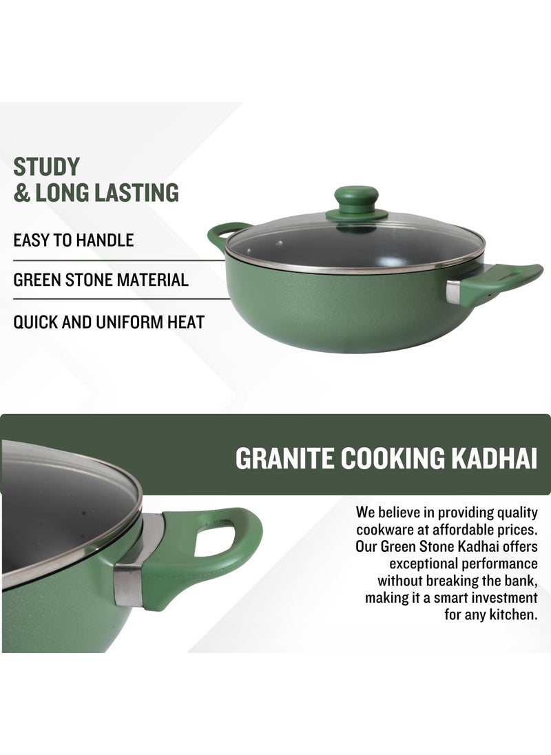 Get Plumm Sauce Pot Cookware with Handle Induction Base Biryani Pot Glass lid Granite Stone Kadhai with Lid Cool Touch Wooden Handle Cooking Handi Pot Green