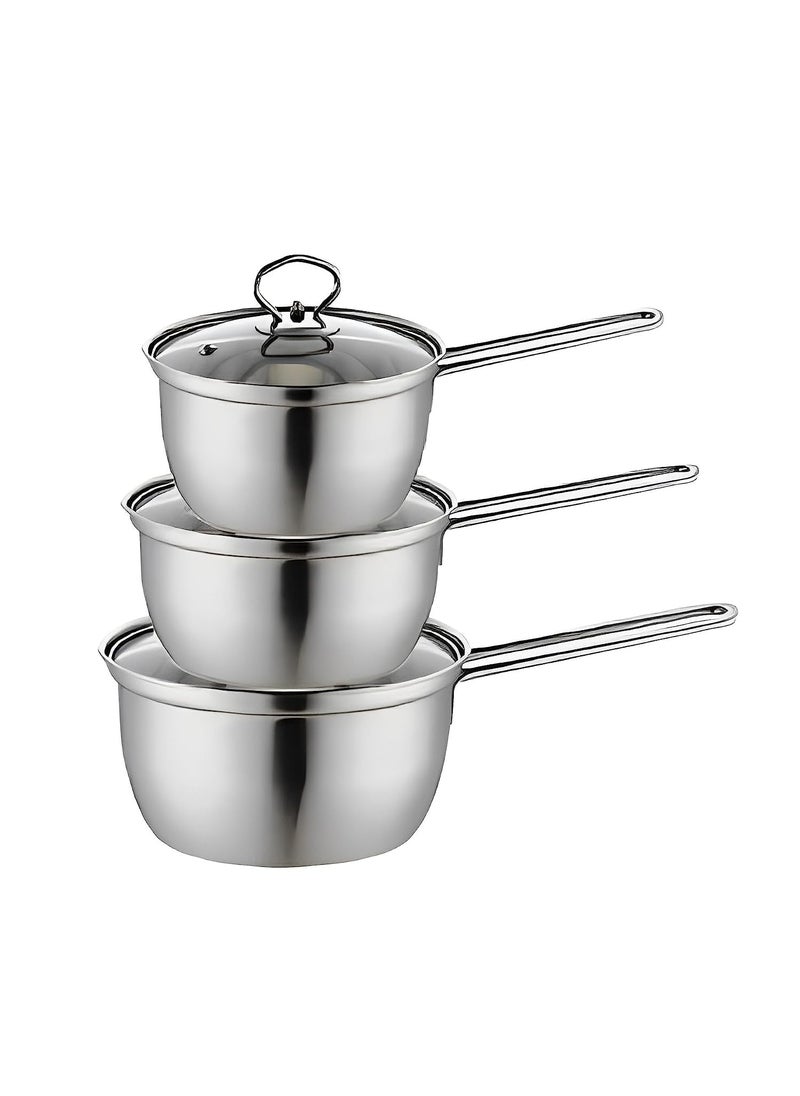 KIRFIZ Stainless Steel Induction Friendly 3 Pcs Set Combo Saucepan Kadai Sauce Pan with Lid Saucepot Frypan with Lid Noodles Soup Cooking Pot Kitchen Cookware Milk Pan with Lid