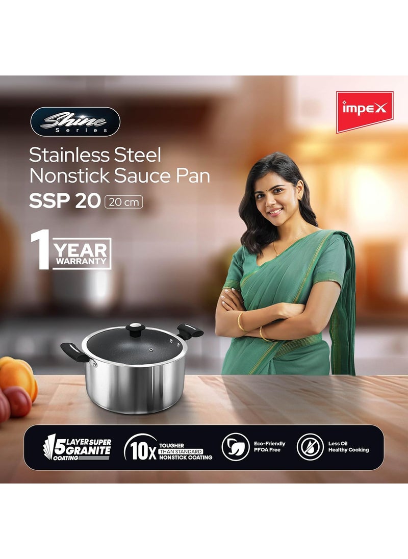 Impex Sauce Pan 20cm with Glass Lid Shine SSP20 Induction Base Stainless Steel Nonstick 5 Layer Granite Coating 10 Times Tougher Than Standard Nonstick Coatings 1 Year Warranty