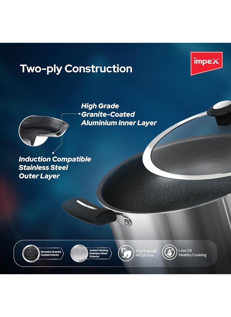 Impex Sauce Pan 20cm with Glass Lid Shine SSP20 Induction Base Stainless Steel Nonstick 5 Layer Granite Coating 10 Times Tougher Than Standard Nonstick Coatings 1 Year Warranty