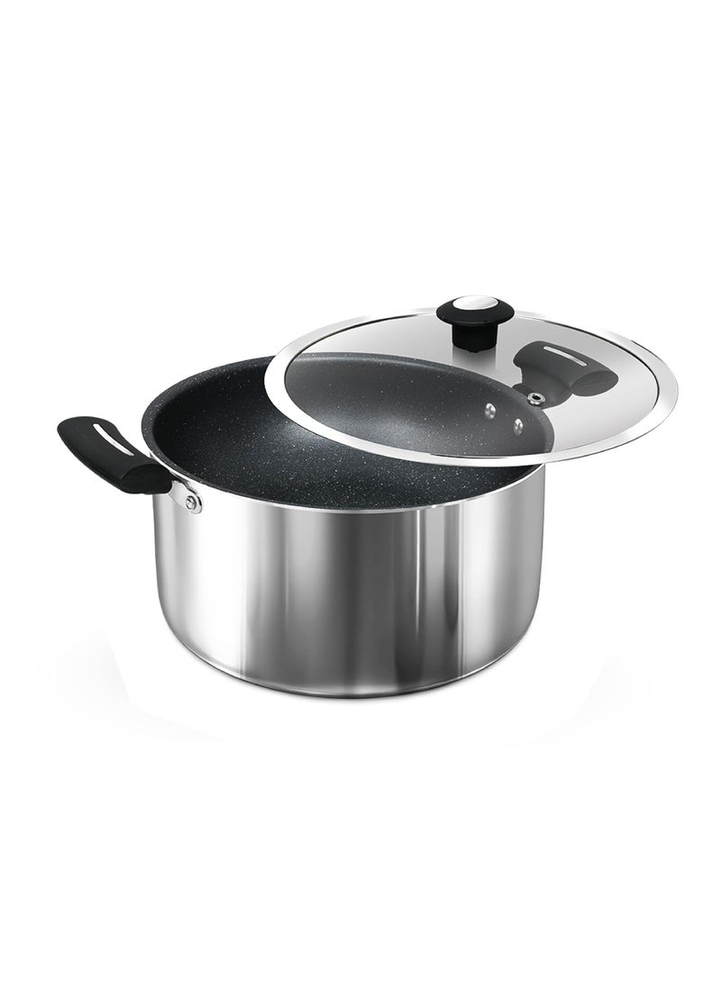 Impex Sauce Pan 20cm with Glass Lid Shine SSP20 Induction Base Stainless Steel Nonstick 5 Layer Granite Coating 10 Times Tougher Than Standard Nonstick Coatings 1 Year Warranty