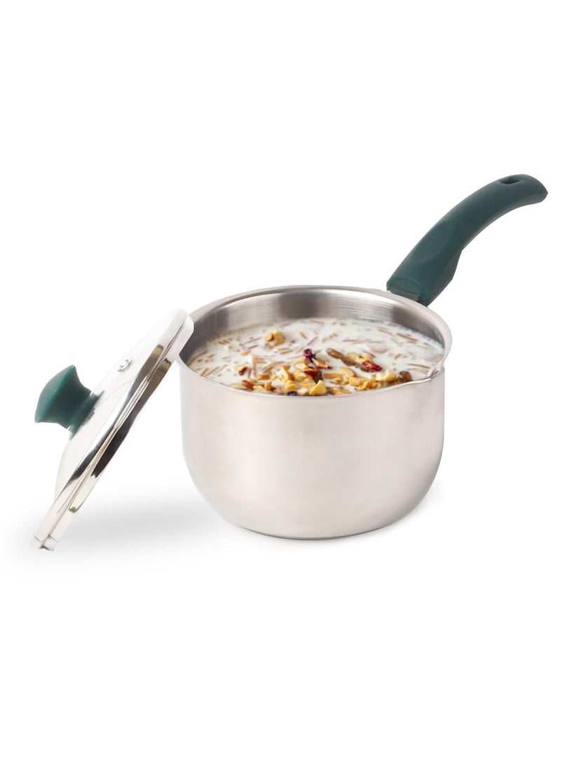 The Indus Valley Stainless Steel Sauce PanMilk Pan with Glass Lid Very Small 151cm59 inch 1Ltr 08kg Induction Friendly 3Layer Thick Bottom 100 ToxinFree Naturally NonStick