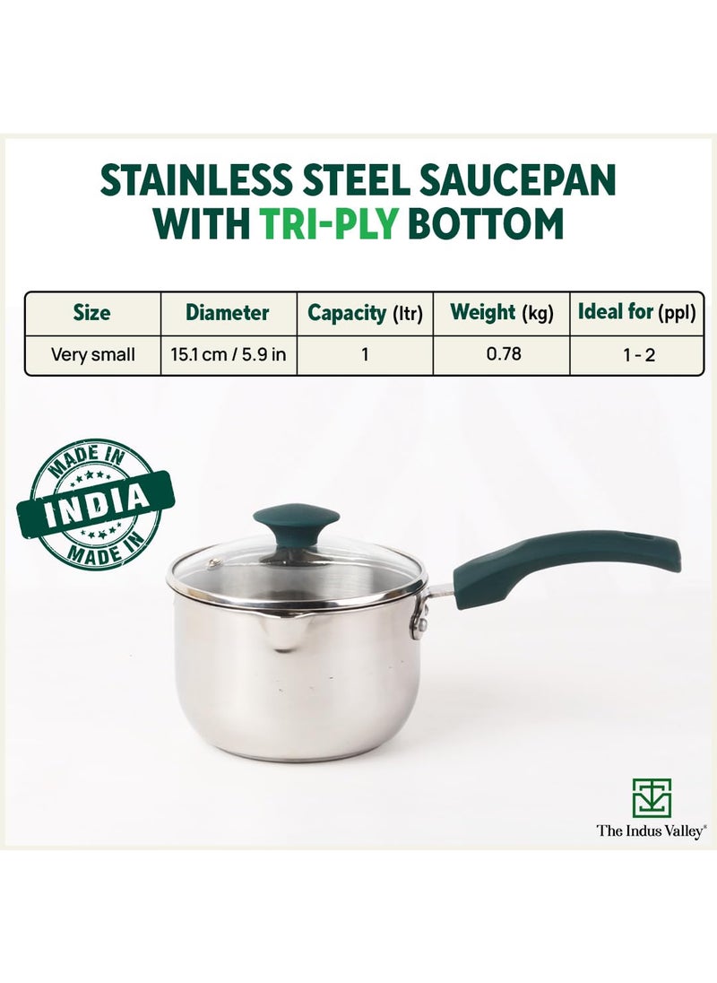 The Indus Valley Stainless Steel Sauce PanMilk Pan with Glass Lid Very Small 151cm59 inch 1Ltr 08kg Induction Friendly 3Layer Thick Bottom 100 ToxinFree Naturally NonStick