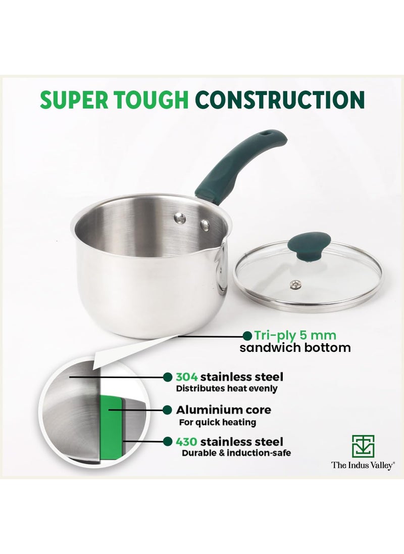 The Indus Valley Stainless Steel Sauce PanMilk Pan with Glass Lid Very Small 151cm59 inch 1Ltr 08kg Induction Friendly 3Layer Thick Bottom 100 ToxinFree Naturally NonStick