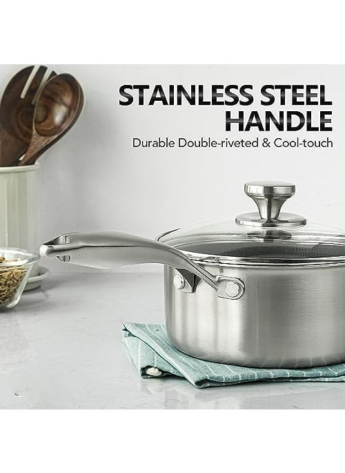 Gladnes Stainless Steel Saucepan with Glass Lid Non Stick Sauce Pan with Honeycomb Carving Induction Sauce Pot Compatible with All Cooktops Dishwasher Oven Safe NonToxic 18 cm Sauce pan