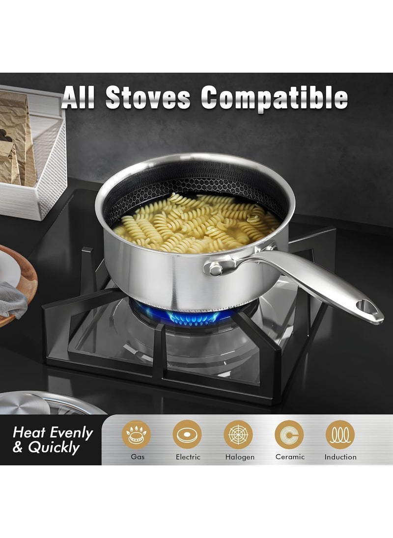 Gladnes Stainless Steel Saucepan with Glass Lid Non Stick Sauce Pan with Honeycomb Carving Induction Sauce Pot Compatible with All Cooktops Dishwasher Oven Safe NonToxic 18 cm Sauce pan