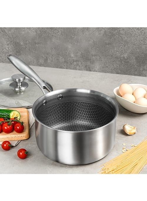 Gladnes Stainless Steel Saucepan with Glass Lid Non Stick Sauce Pan with Honeycomb Carving Induction Sauce Pot Compatible with All Cooktops Dishwasher Oven Safe NonToxic 18 cm Sauce pan
