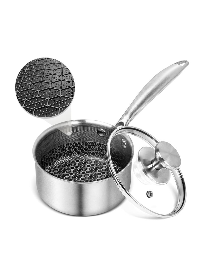 Gladnes Stainless Steel Saucepan with Glass Lid Non Stick Sauce Pan with Honeycomb Carving Induction Sauce Pot Compatible with All Cooktops Dishwasher Oven Safe NonToxic 18 cm Sauce pan