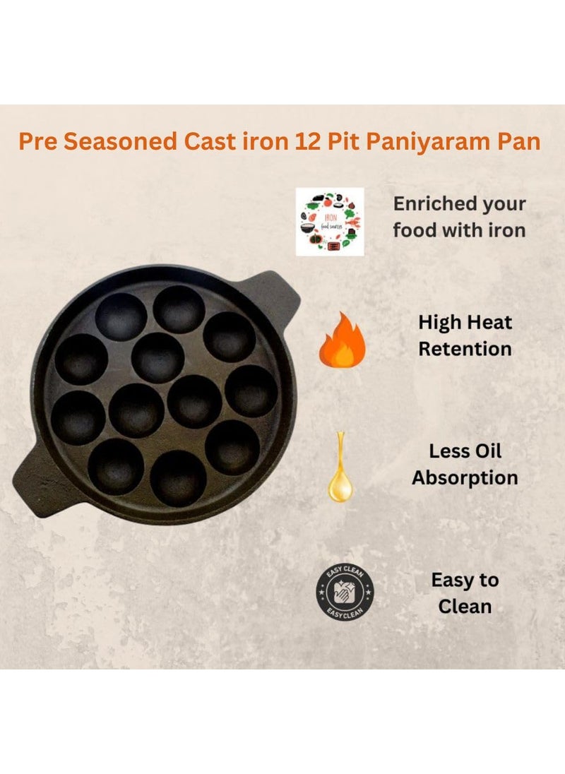 MUD N POT cast Iron pre Seasoned paniyara kallu with Glass lidappe panpattu pan 12 Cup deep panNaturally Non StickNo Chemical Coating