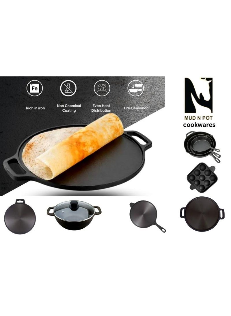 MUD N POT cast Iron pre Seasoned paniyara kallu with Glass lidappe panpattu pan 12 Cup deep panNaturally Non StickNo Chemical Coating