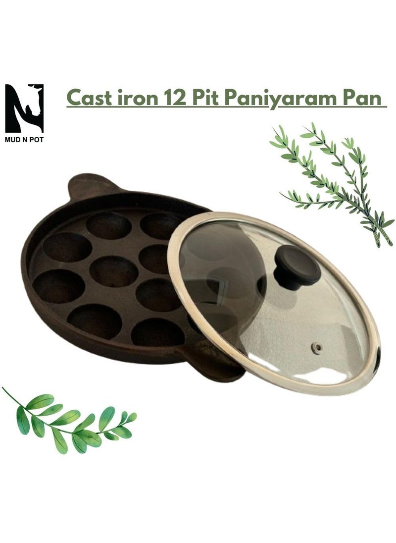 MUD N POT cast Iron pre Seasoned paniyara kallu with Glass lidappe panpattu pan 12 Cup deep panNaturally Non StickNo Chemical Coating