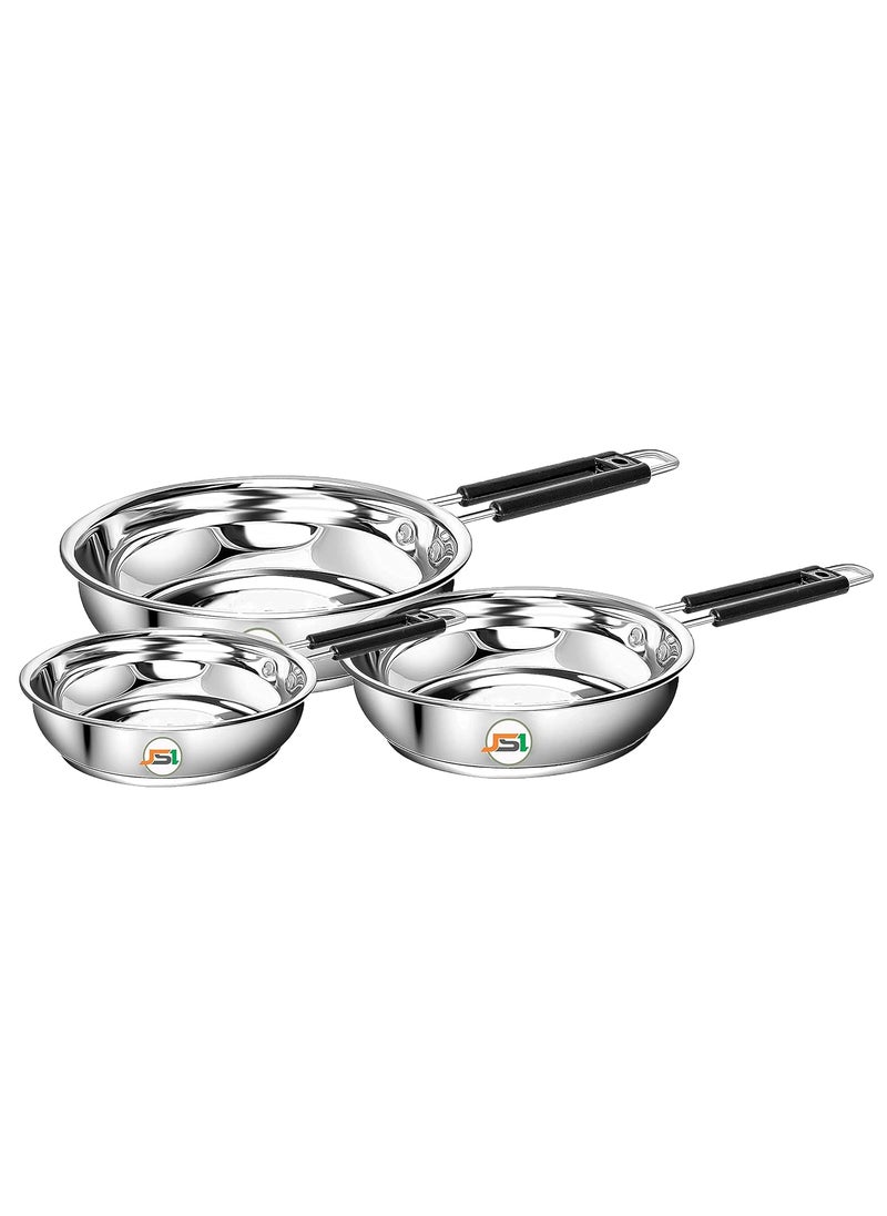JSI Stainless Steel Heavy Guage Fry Pan with Silicon Handle I Combo Set 3 Pcs I Induction Gastove Compatible with TRIPLY Base I Saute Pan for Kitchen 1200_1500_1800 ML Combo Set 3 PCS