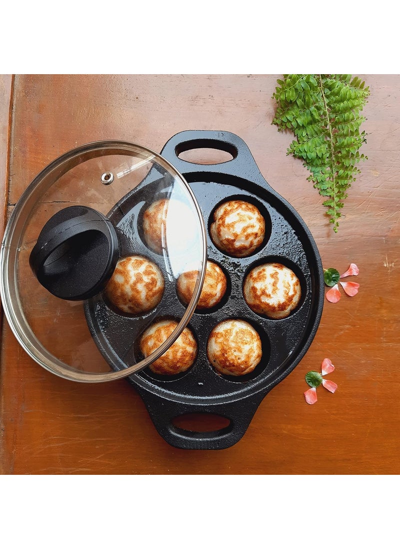 Feroall COOKWARE Cast Iron Super Smooth PaniyaramAppe PanChattiKalMaker with lid 7 Pit Pre Seasoned Ready to Use Special Ring Base Deep Pits Non Toxic 14 kg