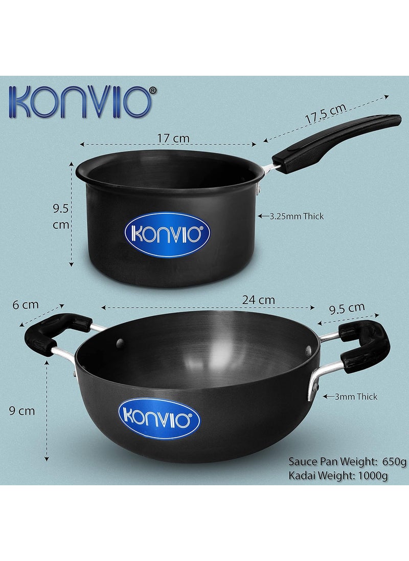KONVIO Hard Anodized Tadka Pan Nonstick Spice Roasting Pan 15L Sauce Pan 3L Kadai