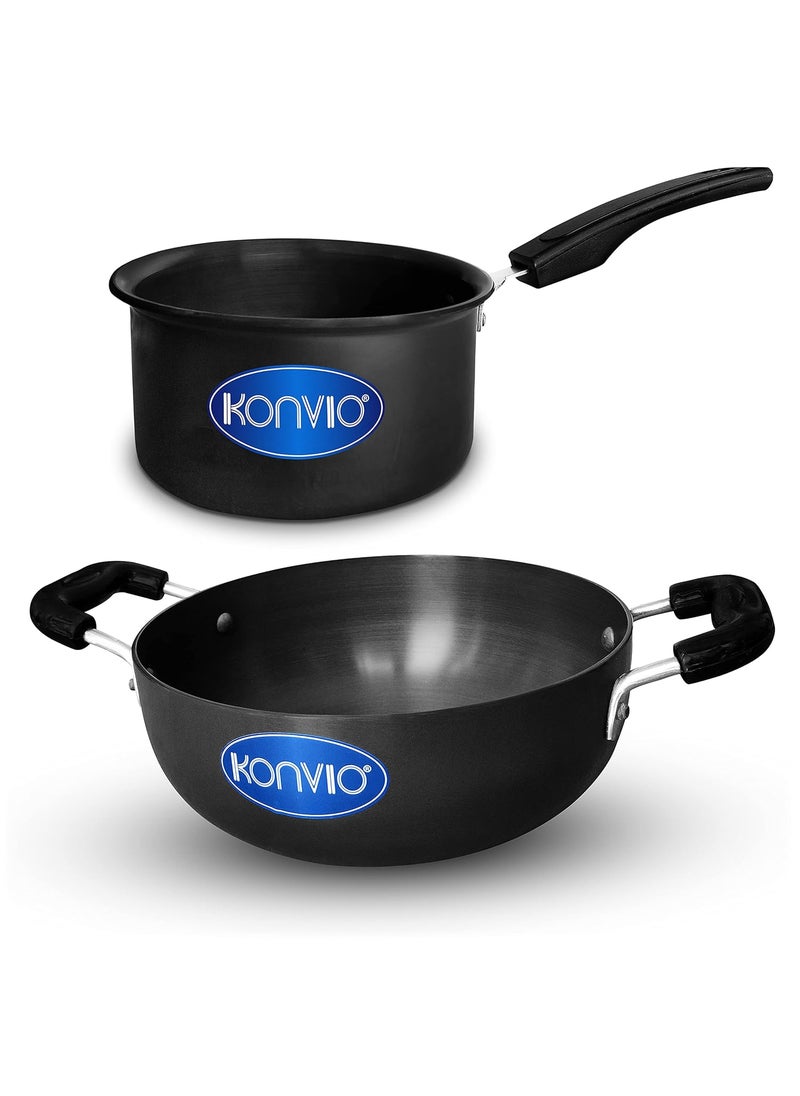 KONVIO Hard Anodized Tadka Pan Nonstick Spice Roasting Pan 15L Sauce Pan 3L Kadai